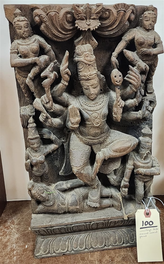 Vintage Indo Carved Wood Panel Depicting Hindu Deities 18 1/4" H X 10" W X 3" D: Vintage Indo Carved Wood Panel Depicting Hindu Deities 18 1/4" H X 10" W X 3" D