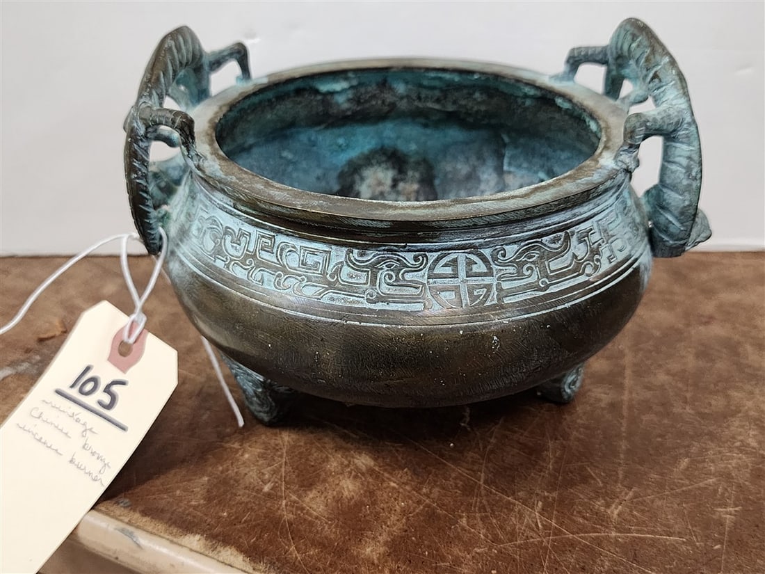 Vintage Chinese Bronze Incense Burner 5" H X 7 1/2" Diam.: Vintage Chinese Bronze Incense Burner 5" H X 7 1/2" Diam.