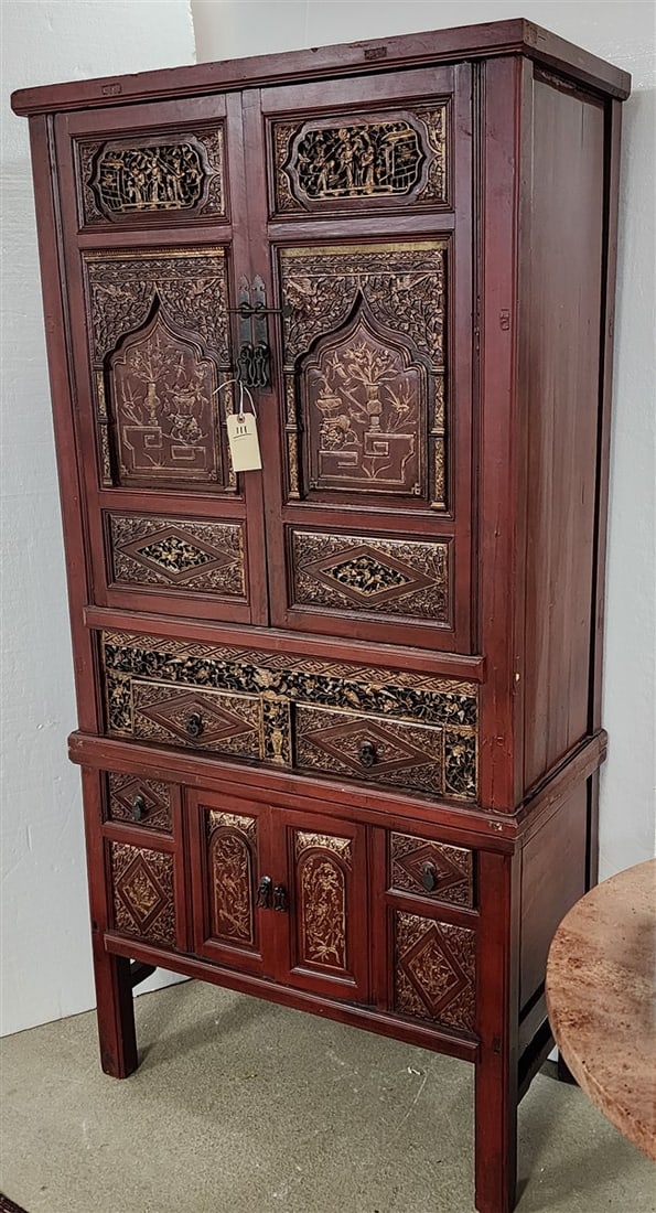 Chinese 2 Part Carved Lacquered & Parcel Gilt 4 Door, 4 Drawer Cabinet 77" H X 38 1/2" W X 19" D (1 of 3)