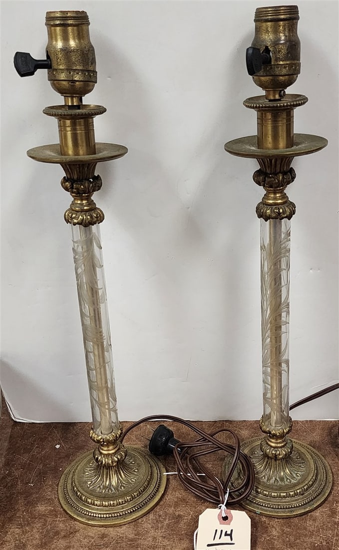 Pr. Bronze Mounted Cut Glass Column Lamps 18": Pr. Bronze Mounted Cut Glass Column Lamps 18"