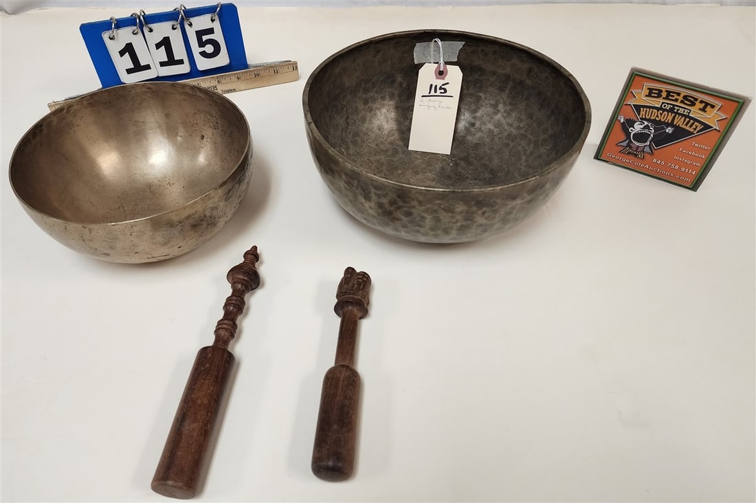 Lot 2 Bronze Singing Bowls 4 1/2" H X 10" Diam. + 3 1/2" H X 8 1/4" Diam. (1 of 2)