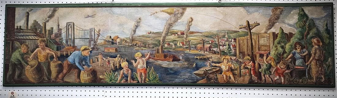 Framed O/C Dock Scene Sgnd K.G. 17" X 71 1/2" w/Frame 19" X 73" (1 of 4)