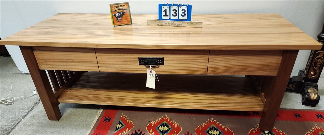 Mission Style Oak Coffee Table w/Drawer 20" H X 56" W X 22" D: Mission Style Oak Coffee Table w/Drawer 20" H X 56" W X 22" D