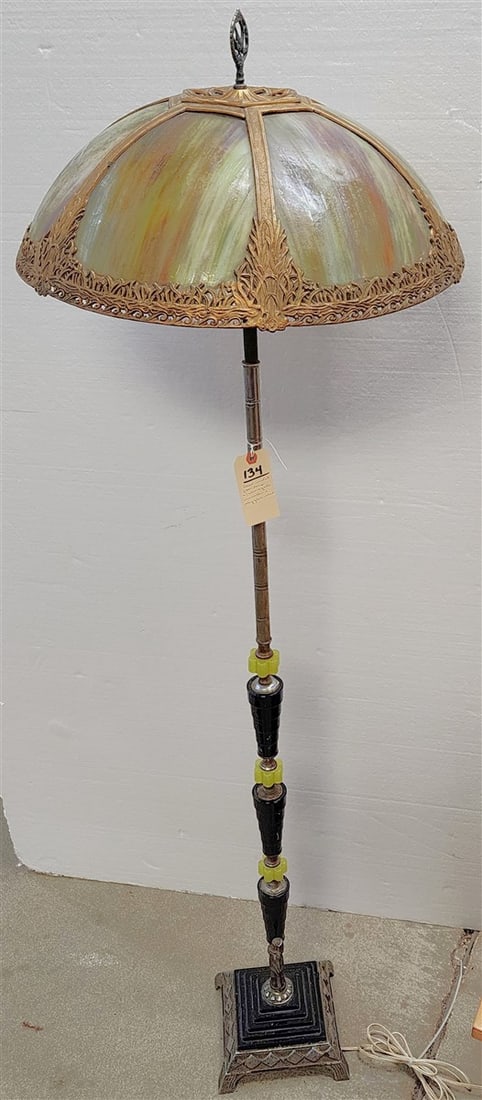 Deco Metal Floor Lamp w/Acro Agate Mounts + Slag Glass Panel Shade 63" H X 19" Diam. (1 of 4)