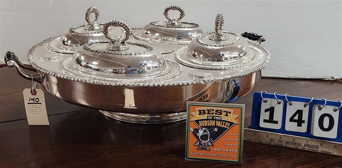 English Silverplate Lazy Susan Hot Food Server 9 1/2" H X 24" Diam. (1 of 4)
