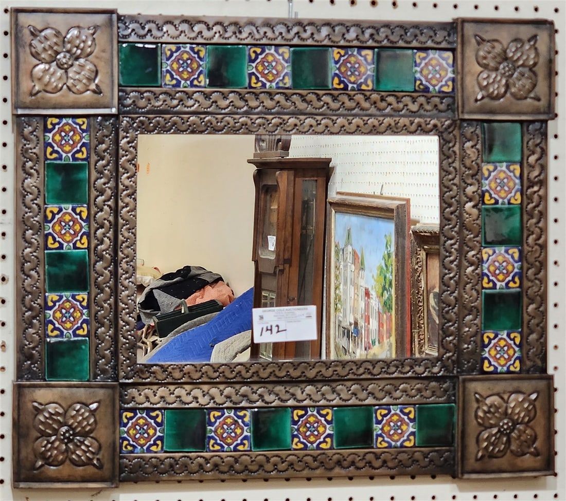 Embossed Metal & Ceramic Tile Framed Mirror 21 1/2" X 25" (1 of 2)