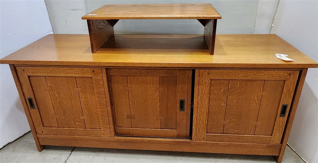 Stickley Mission Oak Style 3- Sliding Door Console/Cabinet 28 1/2" H X 68" W X 20 3/4" D + Small Oak: Stickley Mission Oak Style 3- Sliding Door Console/Cabinet 28 1/2" H X 68" W X 20 3/4" D + Small Oak Stand 9" H X 30" W X 17" D