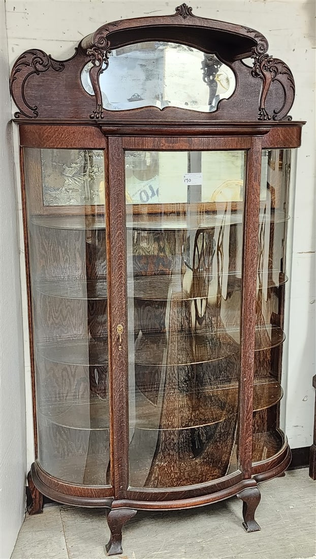 Vintage Oak Curved Glass China Cabinet 75" H X 43" W X 18 1/2" D (1 of 5)