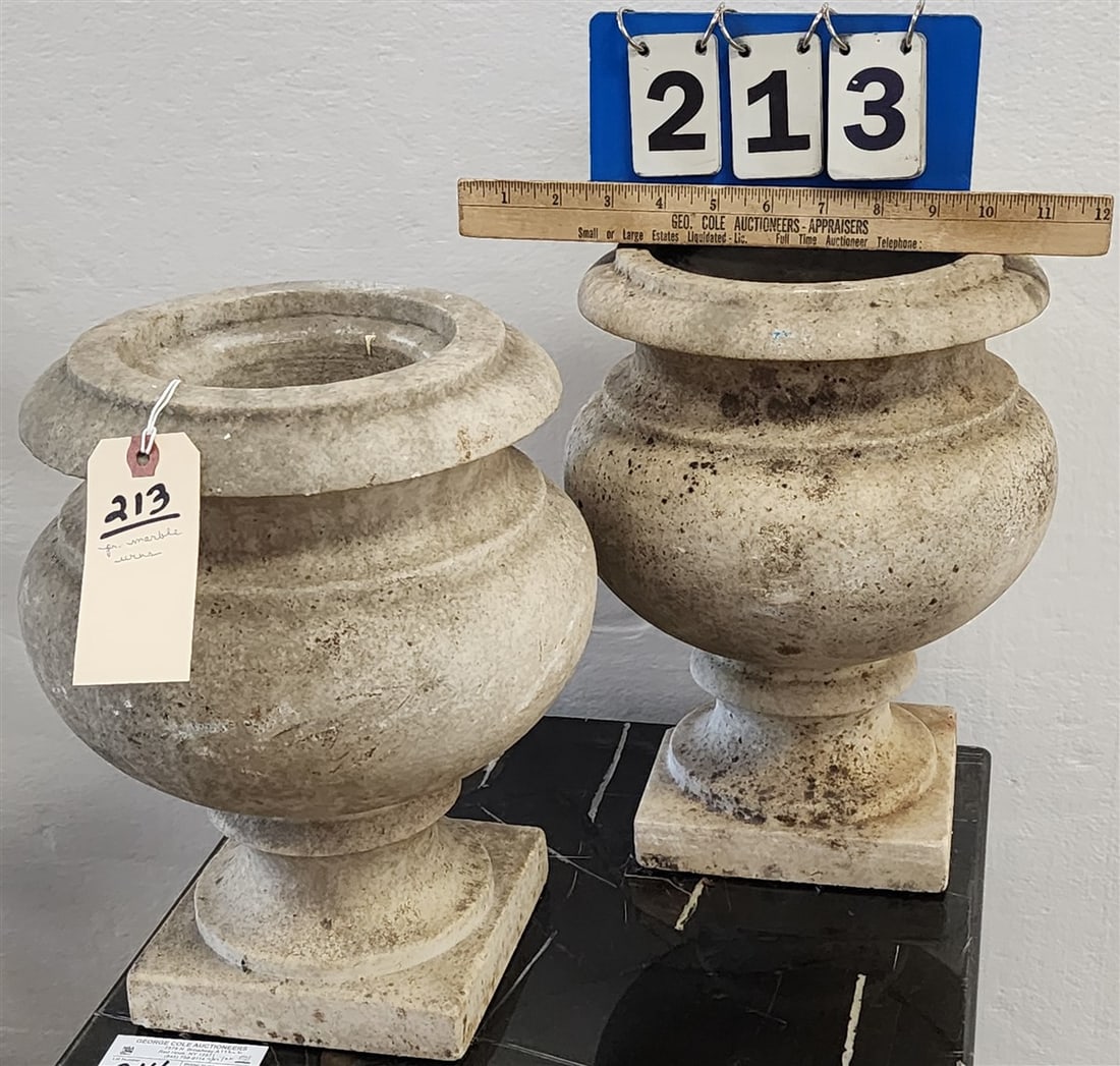 Pr. Marble Urns 12 1/2" H X 10" Diam. (Corner Of One Base is Broken Off) (1 of 2)