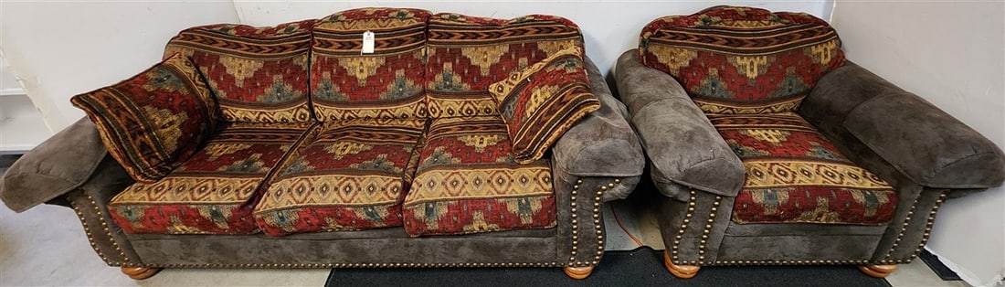 Southwestern Style Sofa 38" H X 7'6" L X 23" D + Club Chair 38" H X 3'10" L X 22" D (1 of 2)