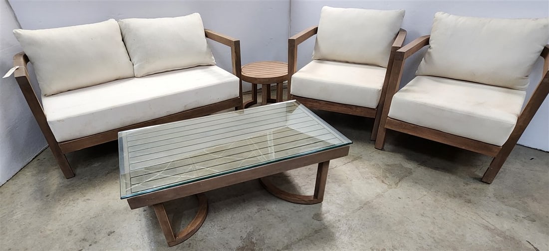 GDF Studio Aston Acacia Wood Framed 5 Pc. Patio Set - Settee 30" H X 51 1/2" W X 17" D, Pr. Chairs: GDF Studio Aston Acacia Wood Framed 5 Pc. Patio Set - Settee 30" H X 51 1/2" W X 17" D, Pr. Chairs 35 1/2" H X 29" W X 17 1/2" D, Coffe Table 14" H X 40" W X 24" D + Stand 14" H X 18" Diam.