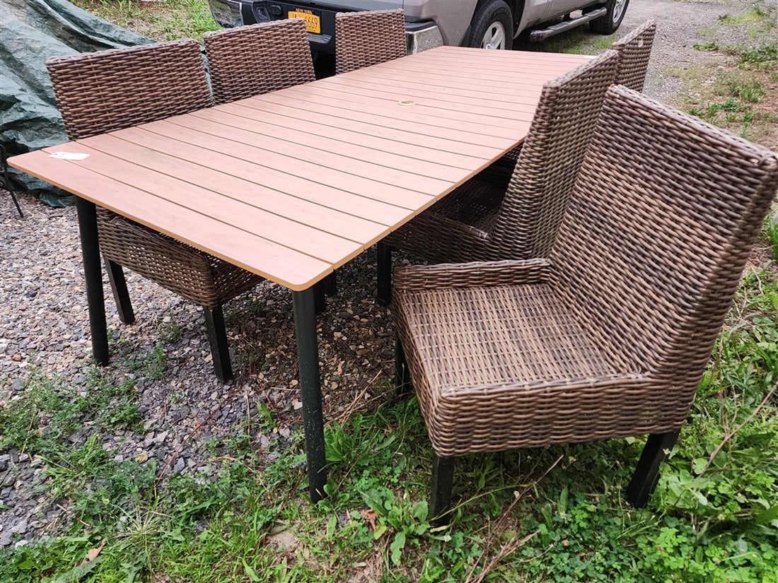 Metal Base Acacia Wood Patio Table 29" H X 94 1/2" L X 42" W w/6 Woven Plastic Chairs 37" H X 21" W: Metal Base Acacia Wood Patio Table 29" H X 94 1/2" L X 42" W w/6 Woven Plastic Chairs 37" H X 21" W X 17 1/2" D