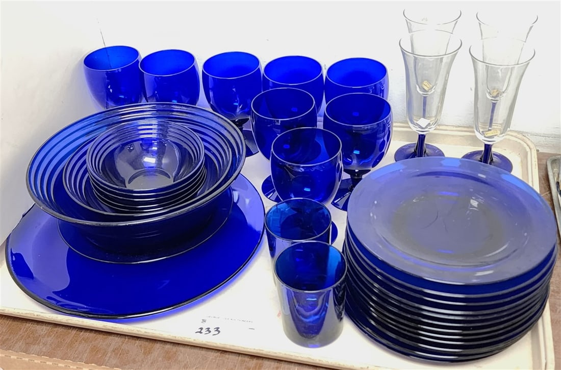 Tray 33 Pc. Cobalt Glass - Bowls, Plates, Goblets + 4 Luminarc Cobalt Stem Champagnes (1 of 5)