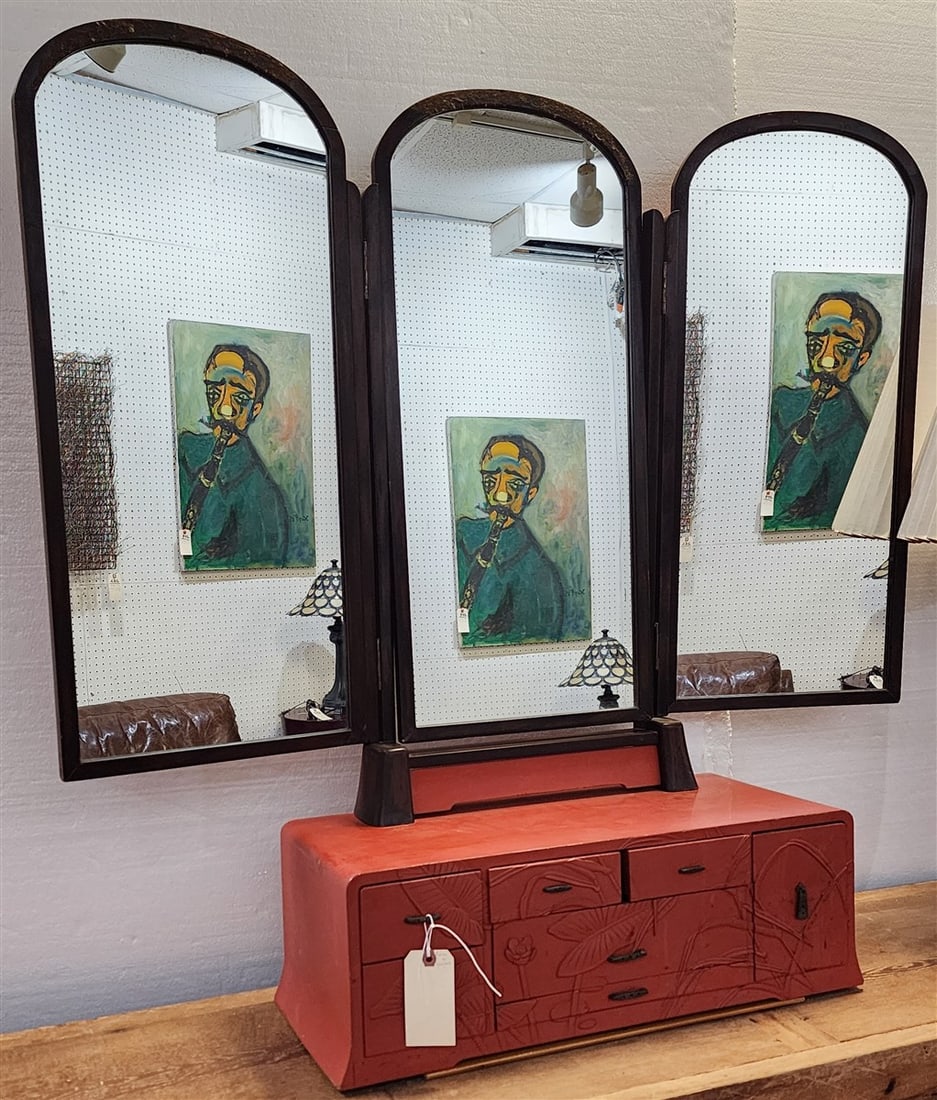 Japanese Lacquered 6 Drawer Tryptic Dresser Mirror 40" H X 25" W X 11" D: Japanese Lacquered 6 Drawer Tryptic Dresser Mirror 40" H X 25" W X 11" D