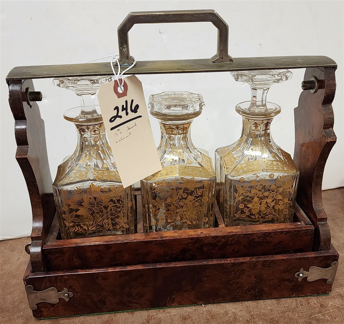 19th C Burl Walnut Decanter Caddy w/3 Cut Gilt Decanters 11" H X 12" W X 5 1/2" D (1 Stopper Is (1 of 1)