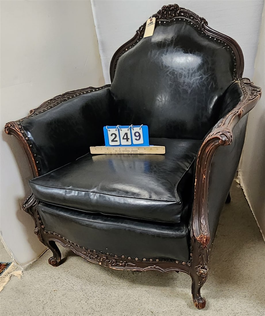 Carved Walnut Framed Upholstered Club Chair 36 1/2" H X 35" W X 22" D (1 of 4)