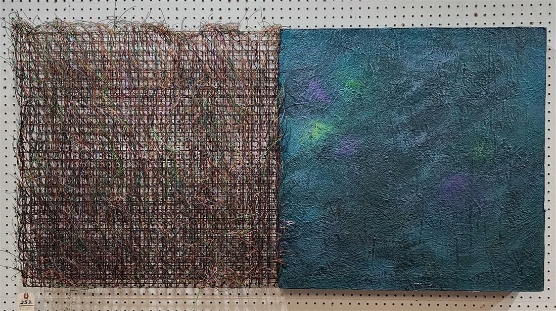 Mixed Media Piece Feat. Green Textured Painting On Board Along Side Copper Mesh Panel 28" X 56" X 4": Mixed Media Piece Feat. Green Textured Painting On Board Along Side Copper Mesh Panel 28" X 56" X 4" D