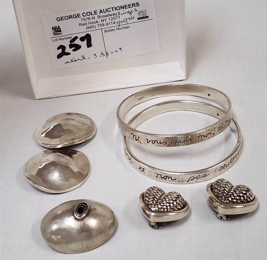 Lot Sterling Jewelry - 2 Pr. Earrings, 2 Valencia Bangles + 1 Pin 3.88 ozT. (1 of 3)