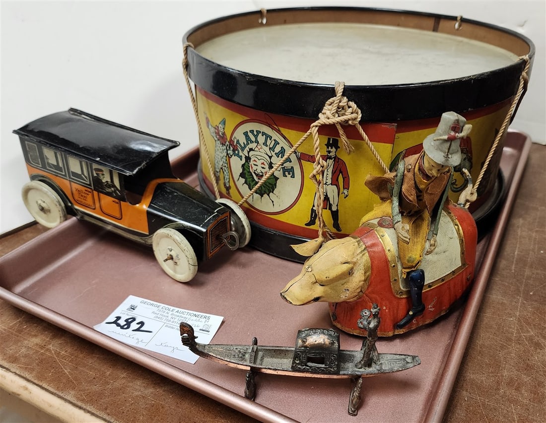 Tray Vintage Toys - Playtime J. Chein Tin Drum, Mohawk Toy Yellow Taxi #361 3" H, Lehmann 1903 (1 of 9)