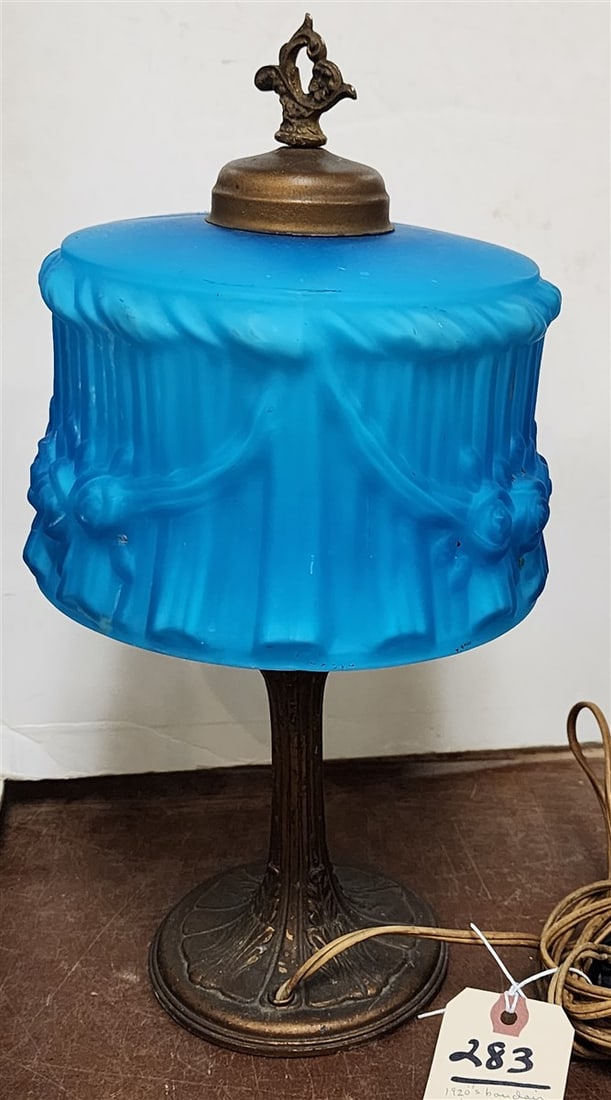 Vintage 1920's Boudoir Lamp w/Blue Glass Shade 14 1/2" H X 7 1/2" Diam.: Vintage 1920's Boudoir Lamp w/Blue Glass Shade 14 1/2" H X 7 1/2" Diam.