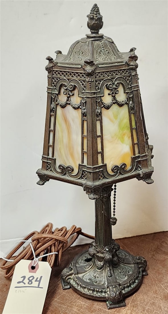 C1915 Metal Boudoir Lamp w/Slag Glass Panels 14" H X 5 1/2" Diam.: C1915 Metal Boudoir Lamp w/Slag Glass Panels 14" H X 5 1/2" Diam.
