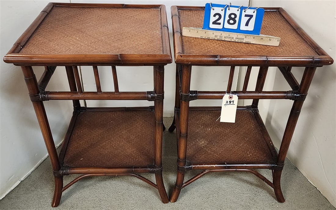 Pr. Bamboo & Rattan 2 Tier Stands 26" H X 18" Sq.: Pr. Bamboo & Rattan 2 Tier Stands 26" H X 18" Sq.