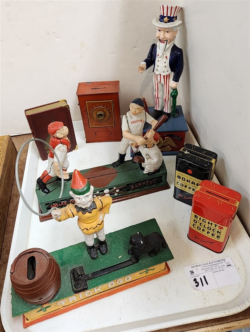 Tray 3 Mechanical Banks - Uncle Sam, Hometown Battery,Trick Dog + (4) Still Banks - Eight O'Clock (1 of 10)