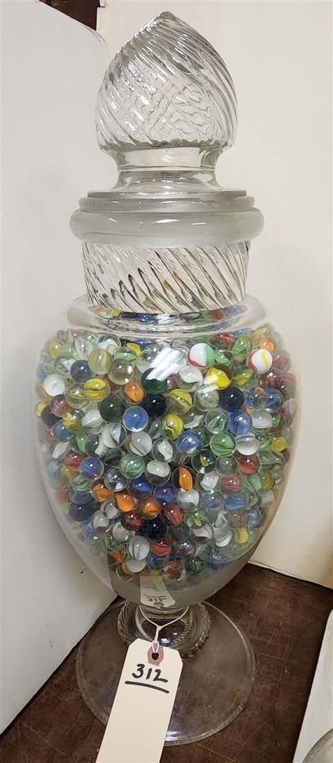 Glass Covered Jar 21" H Filled w/Glass Marbles (1 of 1)
