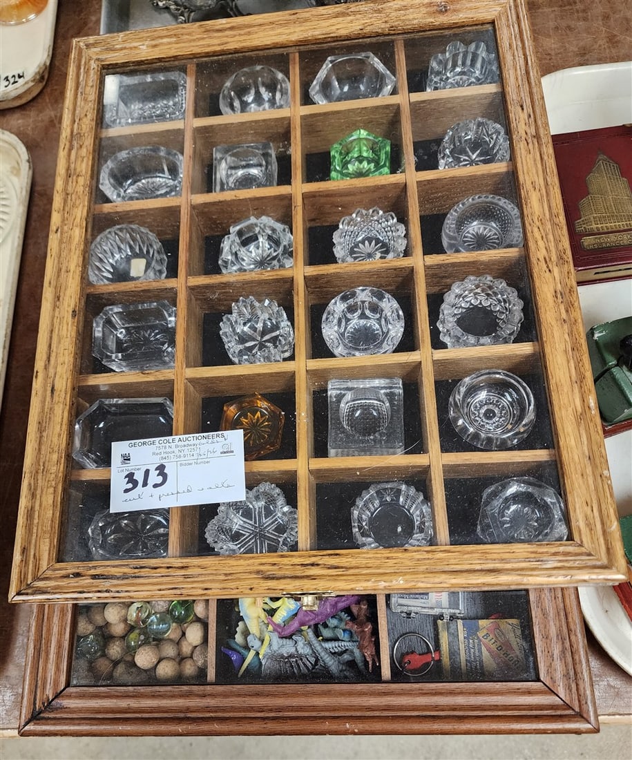 Oak Display Case 2" H X 11 1/2" W X 13 1/4" D w/Collection Of 24 Cut & Pressed Glass Salts (1 of 5)