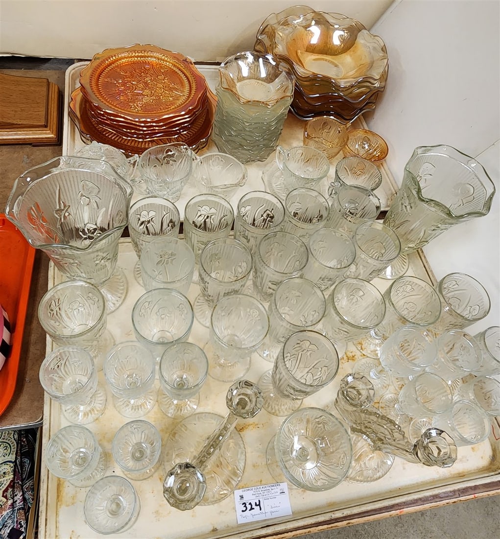 2 Trays Of 76 Pcs. Jeanette Glass Co. 'Iris' - Plates, Bowls, Goblets, Vases, Creamer/Sugars, Etc. (1 of 8)