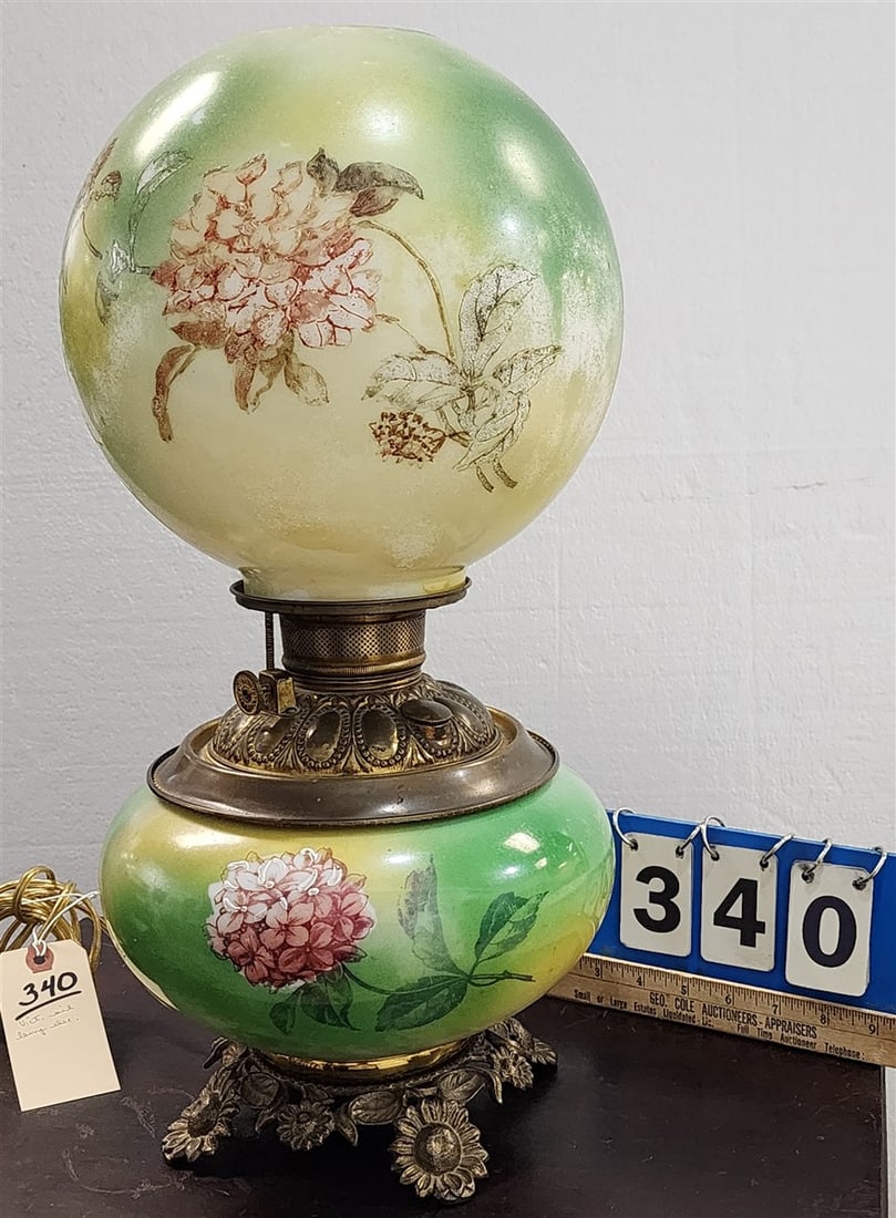 Victorian Oil Lamp w/Hand Enameled Base & Shade Elec.20" H (1 of 4)
