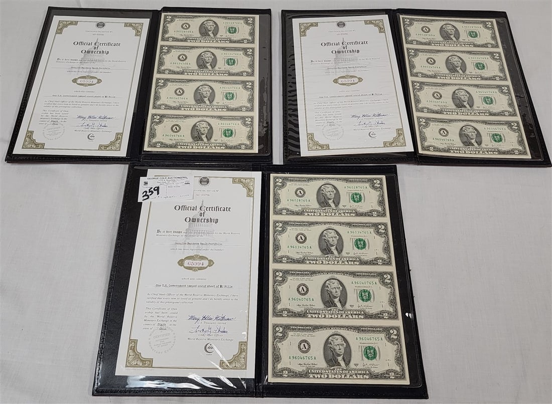 3 Folders Of The World Reserve Monetary Exchange Containing 3 Uncut Sheets of $2 Bills 2003A: 3 Folders Of The World Reserve Monetary Exchange Containing 3 Uncut Sheets of $2 Bills 2003A