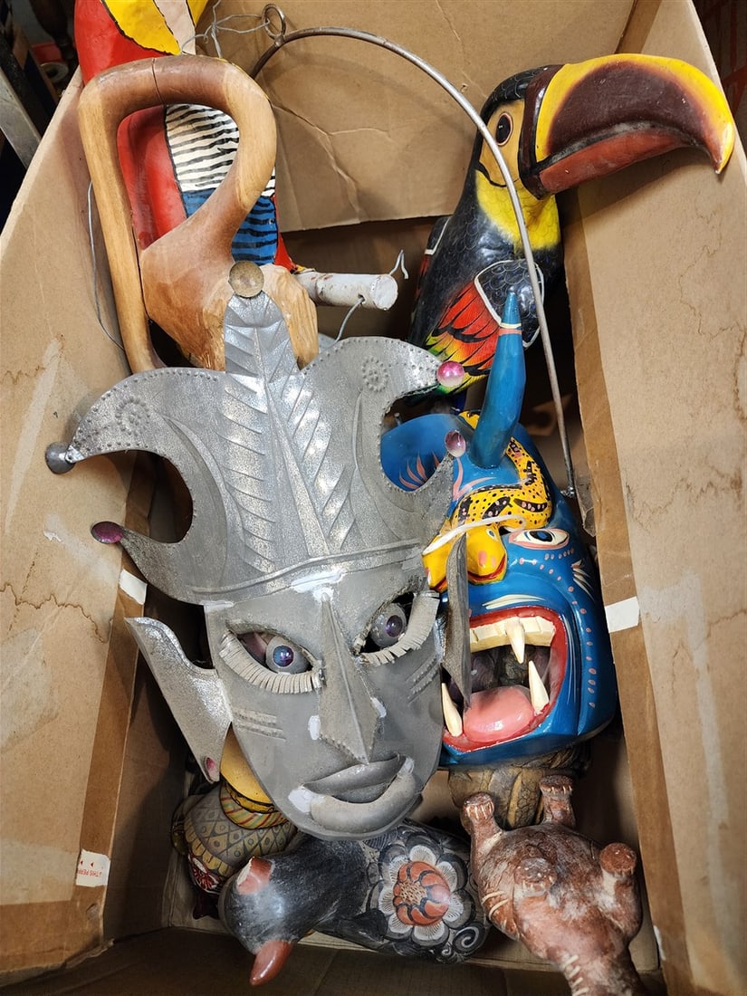 Bx Wooden Masks, Mexican Pottery Figures, Paper Mache Birds, Etc.: Bx Wooden Masks, Mexican Pottery Figures, Paper Mache Birds, Etc.