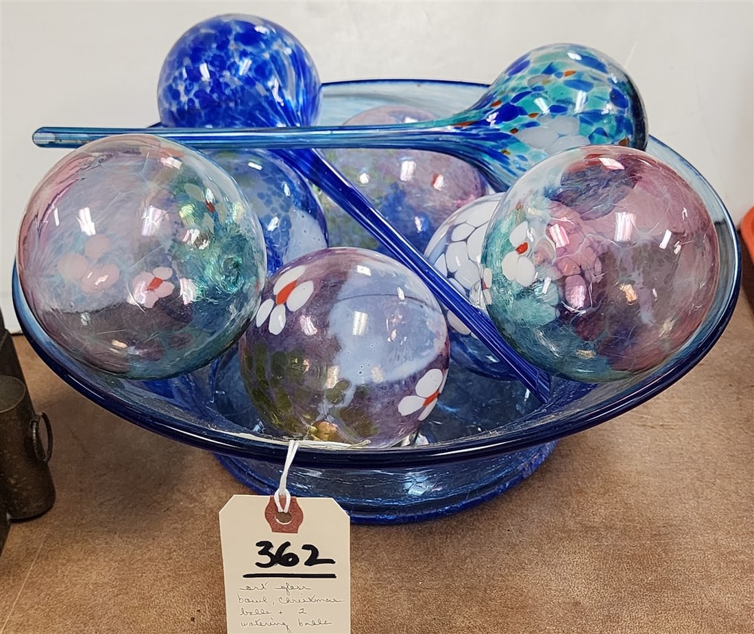 Hand Blown Art Glass - Bowl 4 1/2" H X 13" Diam., 6 Hand Blown Art Glass Xmas Balls 4" Diam. + 2 (1 of 1)