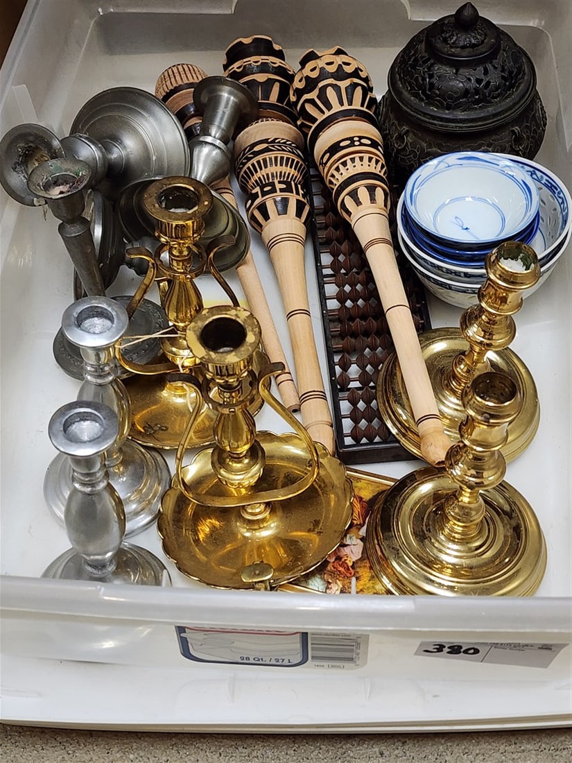 Tub Misc. Items - Brass Candlesticks, Brass Incense Burner, Mexican Molinillo Whisks, Etc. (1 of 3)