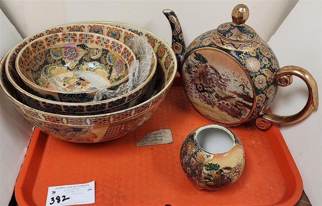 Tray Japanese Satsuma - Teapot 9" H, Nest Of 3 Bowls - 5 1/2" H X 12" Diam., 4 1/2" X 10" + 3 1/2" X: Tray Japanese Satsuma - Teapot 9" H, Nest Of 3 Bowls - 5 1/2" H X 12" Diam., 4 1/2" X 10" + 3 1/2" X 8"