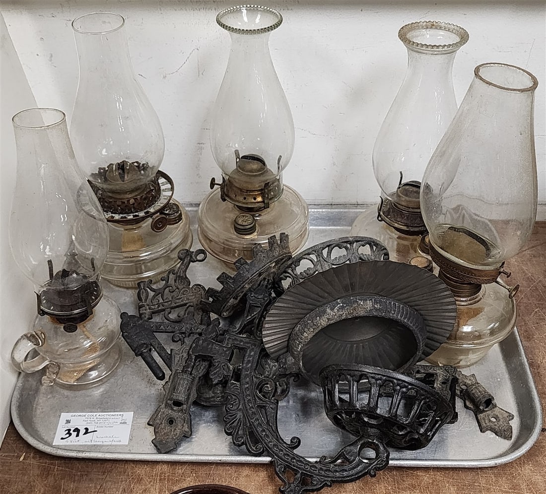 Tray (5) 19th C Oil Lamps w/Cast Iron Wall Brackets (1 of 1)