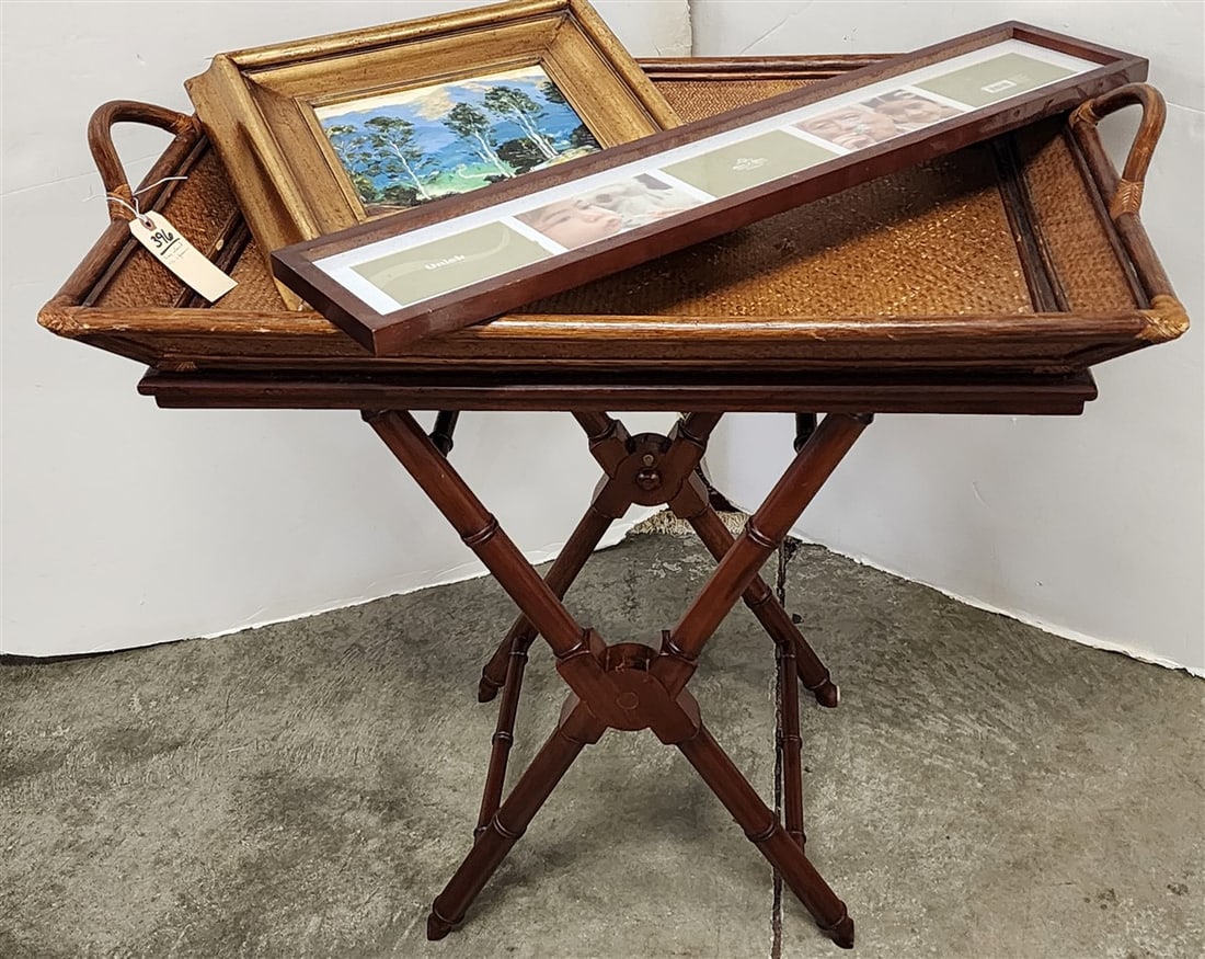 Bamboo & Rattan Folding Tray Stand 32" H X 34 1/2" W X 24 1/2" D w/Framed O/C Landscape 8" X 10" (1 of 5)