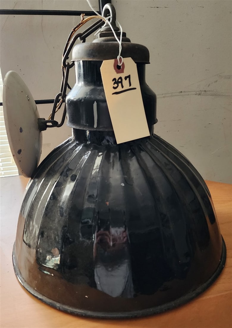 Vintage Enameled Metal Drop Light 14" H X 13 1/2" Diam.: Vintage Enameled Metal Drop Light 14" H X 13 1/2" Diam.