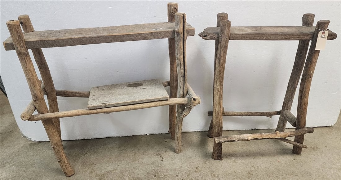 Lot 2 Primitive Wooden Stands 37 1/2" H X 38" W X 16" D + 35 1/2" H X 28 1/2" W X 13" D (1 of 2)