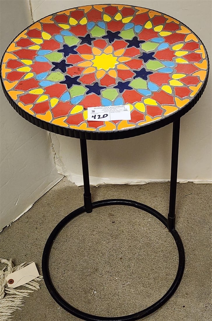 Wrought Base Mosaic Tile Top Stand 25 1/2" H X 15" Diam.: Wrought Base Mosaic Tile Top Stand 25 1/2" H X 15" Diam.
