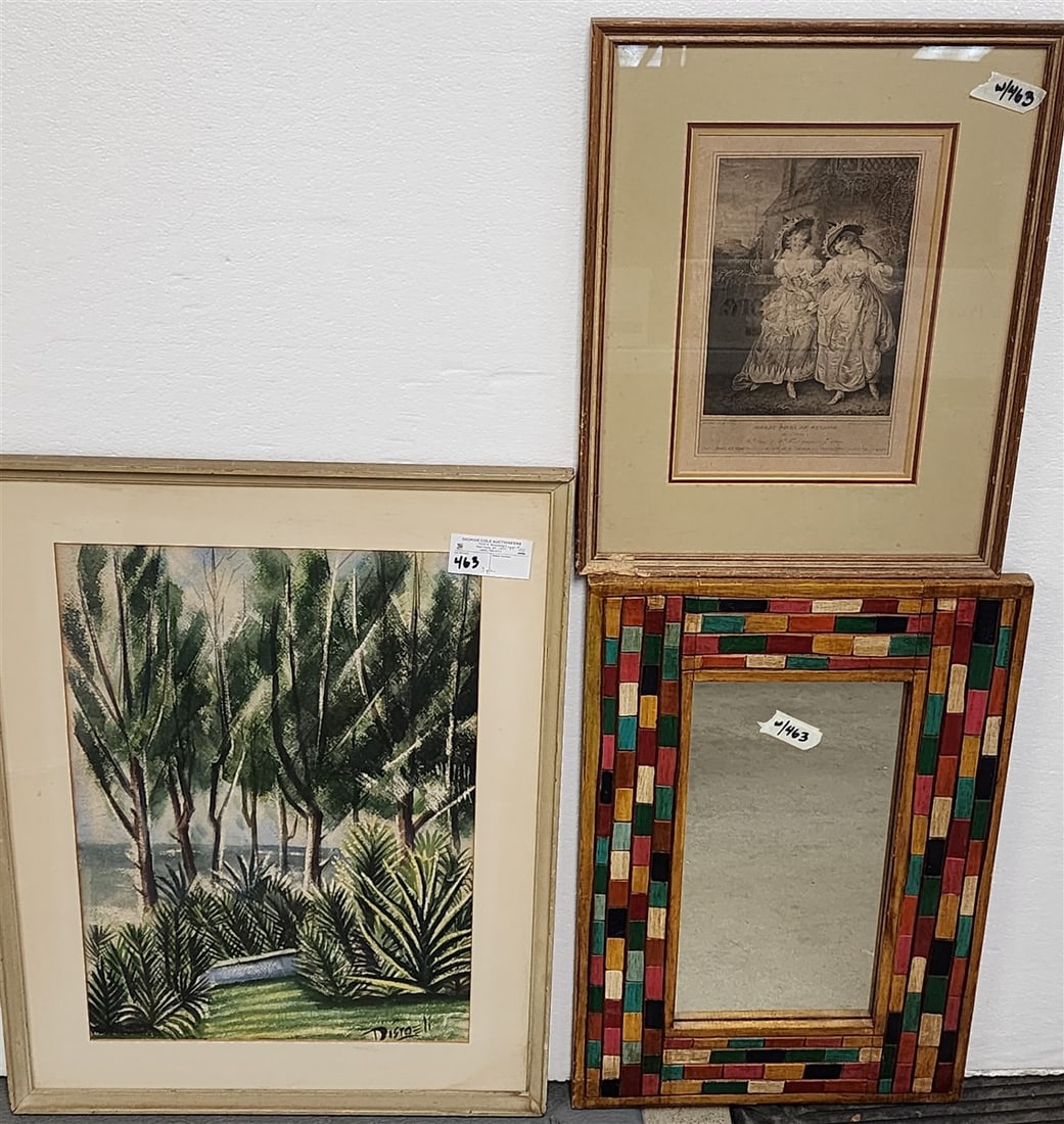 Lot 3 Framed Items - W/C Lanscape, Mirror, 1800 Engr.: Lot 3 Framed Items - W/C Lanscape, Mirror, 1800 Engr.