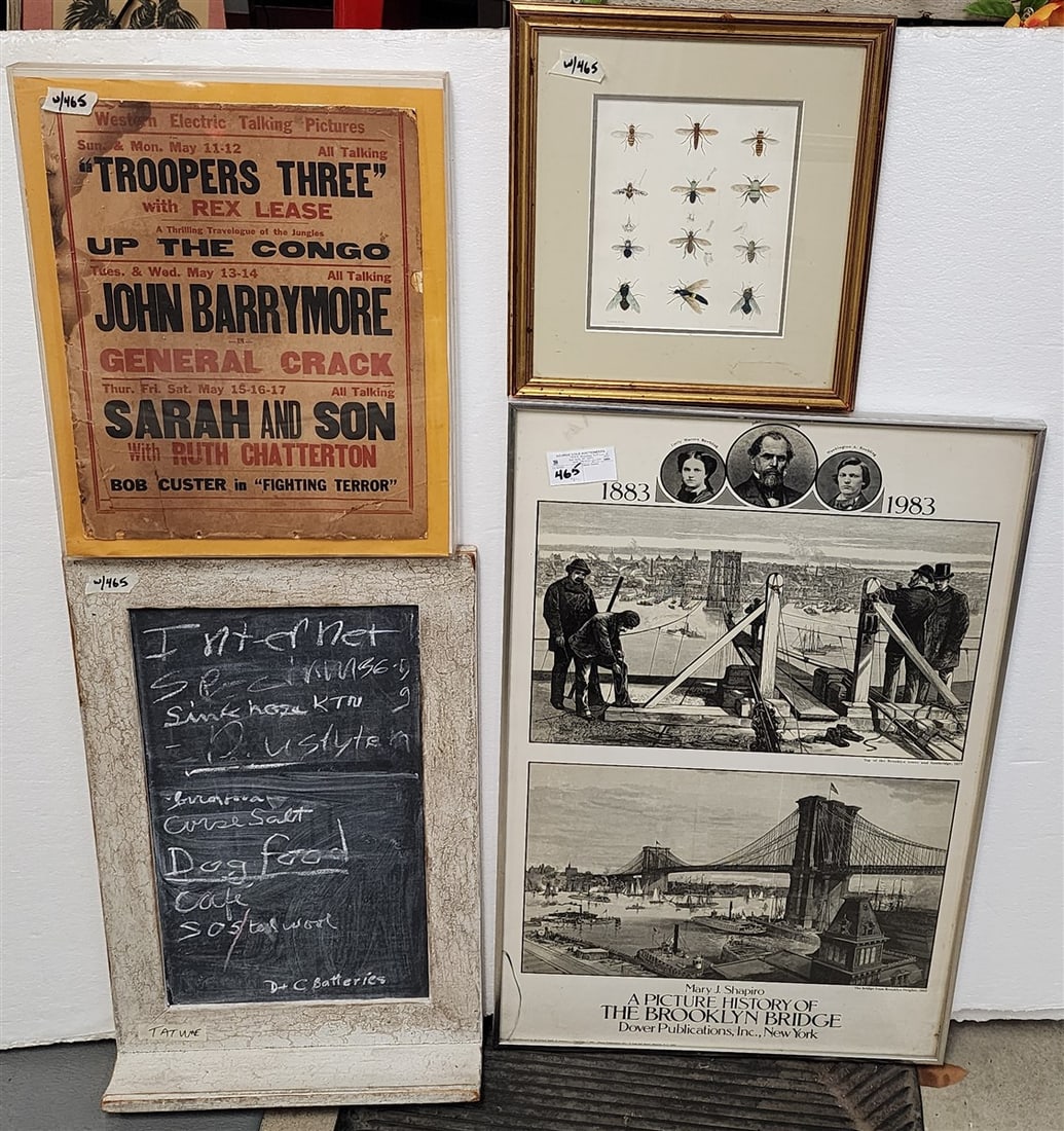 Lot 4 Framed Items - Insect Engr., Chalk Board, Brooklyn Bridge Print, Vintage Western Elec. Talking (1 of 6)