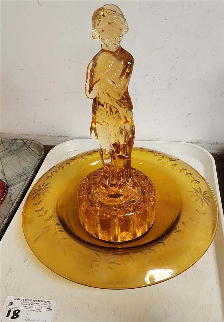 Tray Cambridge Glass 13" Draped Lady Flower Frog In Amber Glass Bowl 3" H X 12 1/2" Diam. (1 of 3)
