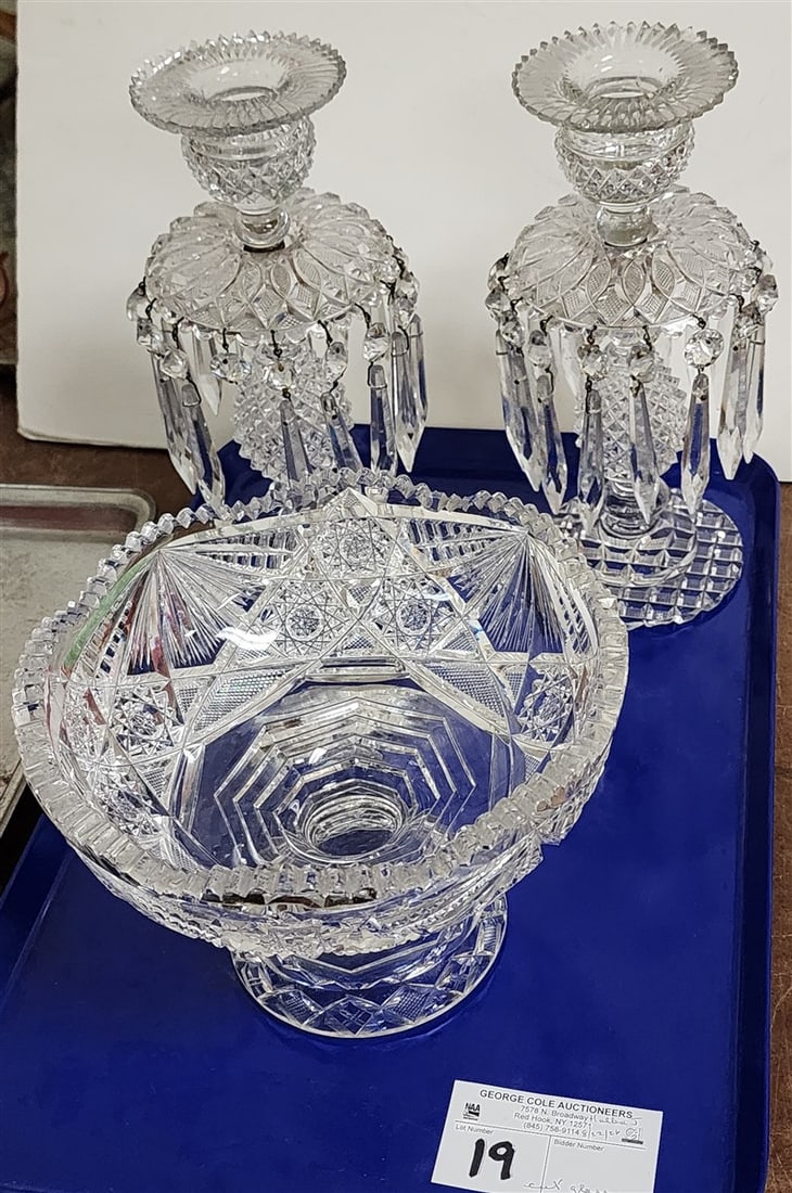 Tray Cut Glass - Compote 5 3/4" X 8" Diam. + Pr. Candlesticks 9 3/4" H X 4 1/2" Diam. (1 of 3)