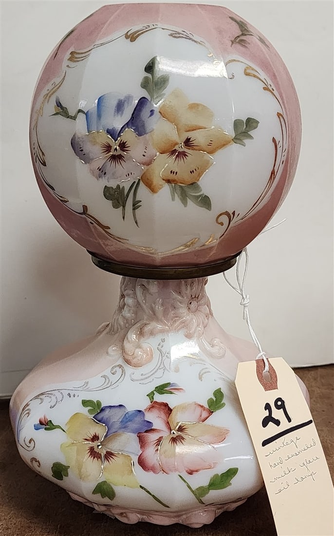 Vintage Hand Enameled Milk Glass Oil Lamp 9 1/2" (1 of 4)