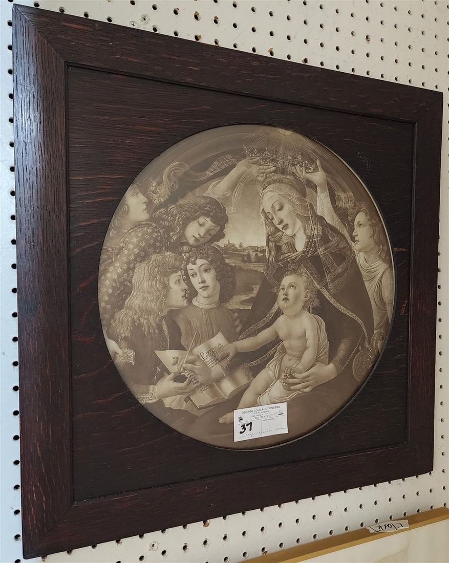Vintage Mission Oak Framed Botticelli Print 15 1/2" Diam w/Frame 21 1/2" Sq. (1 of 1)