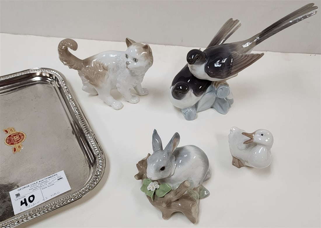 Tray 2 Pc. Lladro Figurines - Birds 7" H X 8" W + Rabbit 4" H X 4" W + NAO Figurines - Cat 5 1/4" H (1 of 3)
