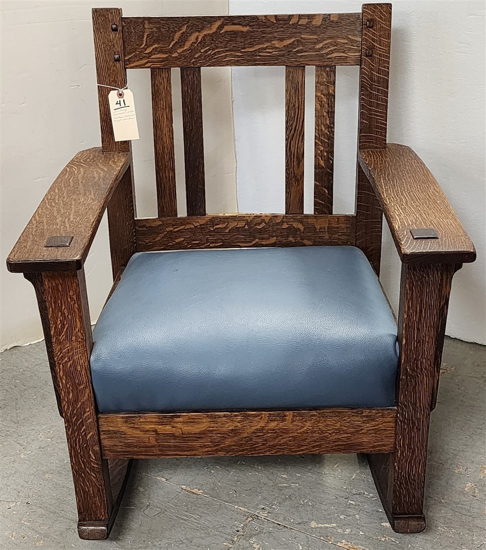 Vintage Quaker Mission Craft Oak Rocker (Missing Middle Back Splat) 32" H X 27 1/2" W X 18 1/2" D (1 of 3)