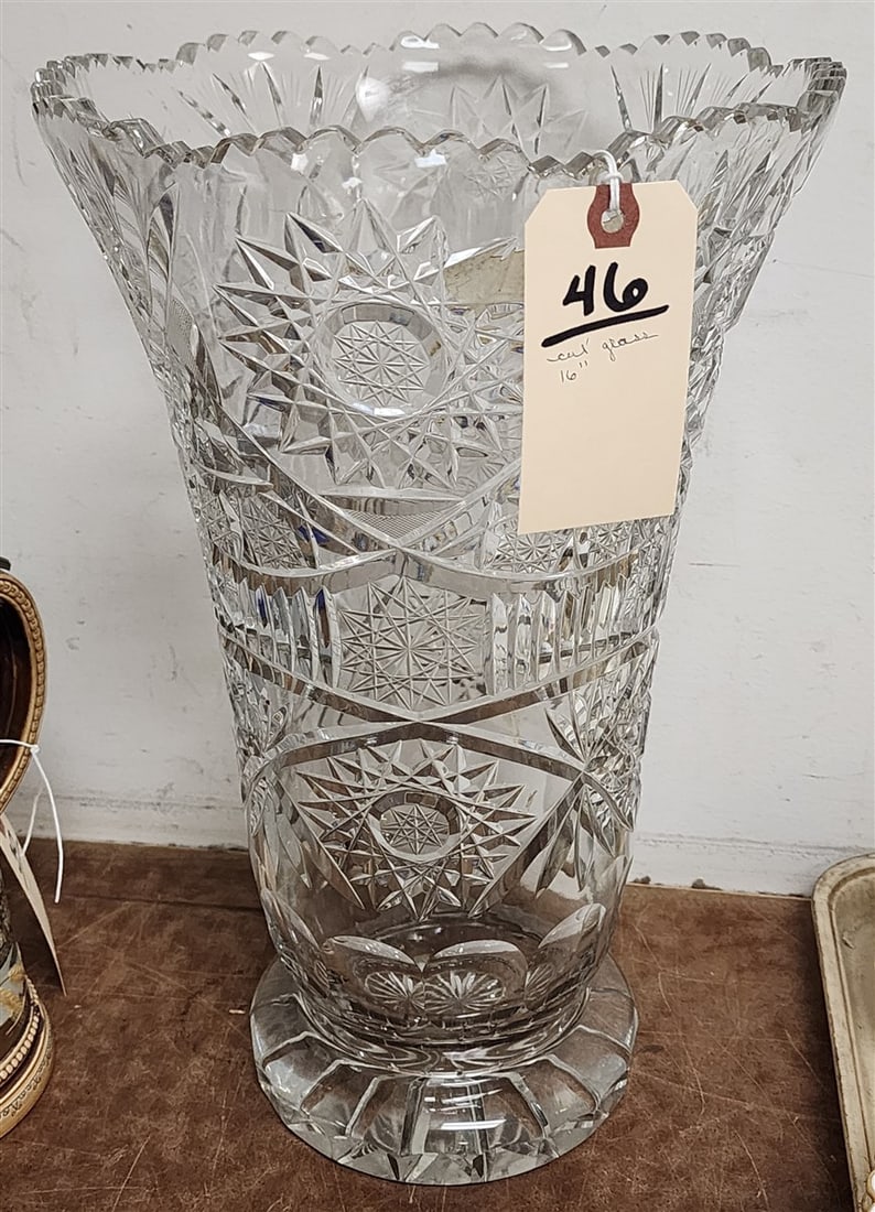 Cut Glass Vase 16" H X 10" Diam.: Cut Glass Vase 16" H X 10" Diam.